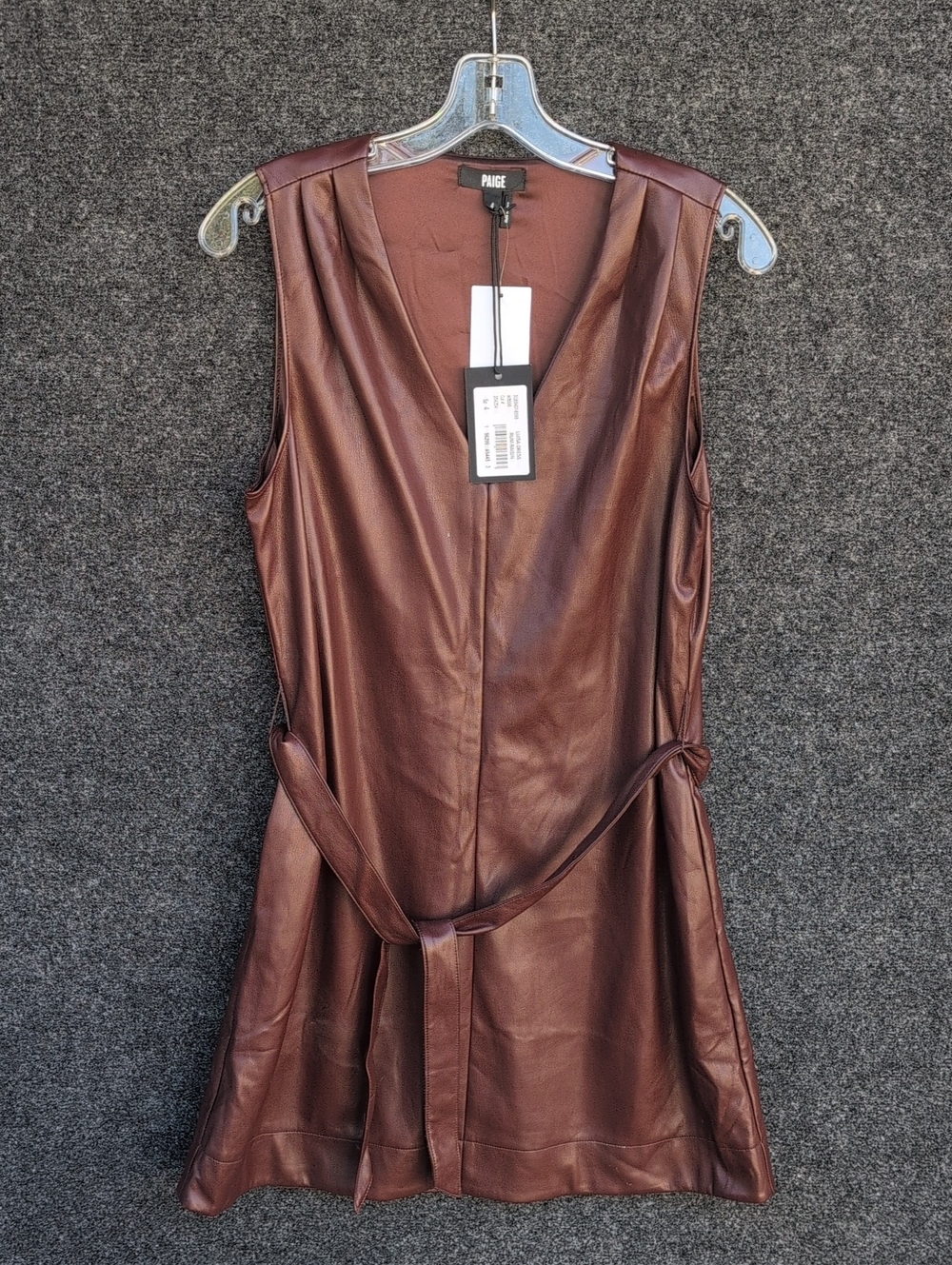 PAIGE Chestnut Brown Sleeveless Leather Vest with Tie Belt
